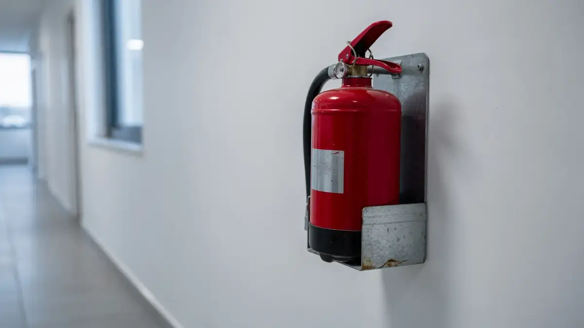 מטף כיבוי אש אדום מותקן על תושבת פלדה במסדרון עסקי